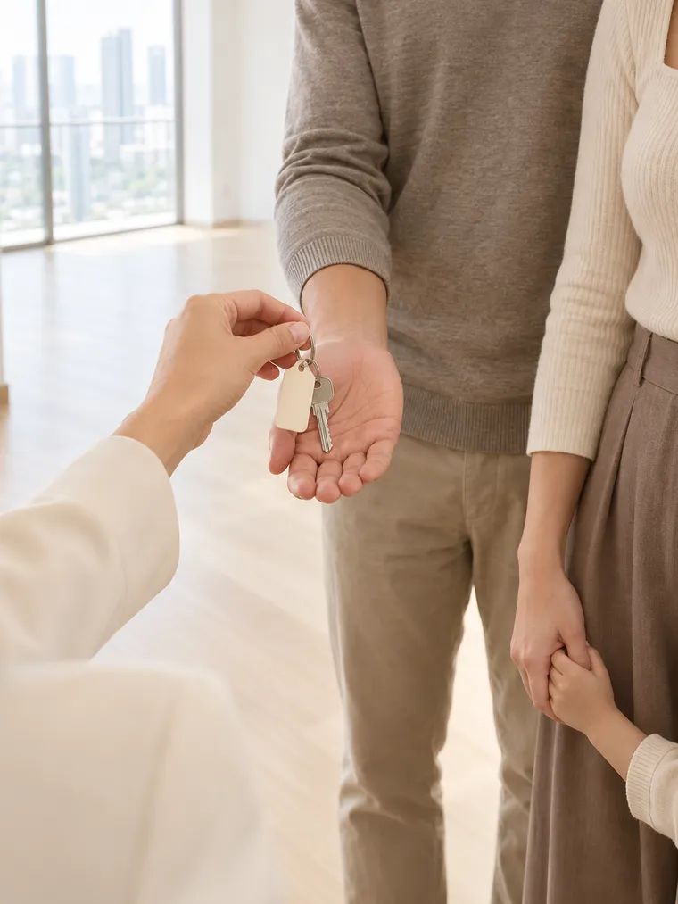 An agent's hand passing house keys to a buyer